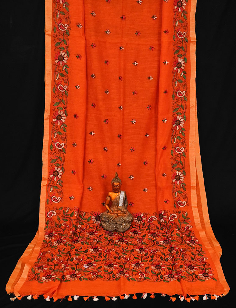 Orange Silk Kantha Saree
