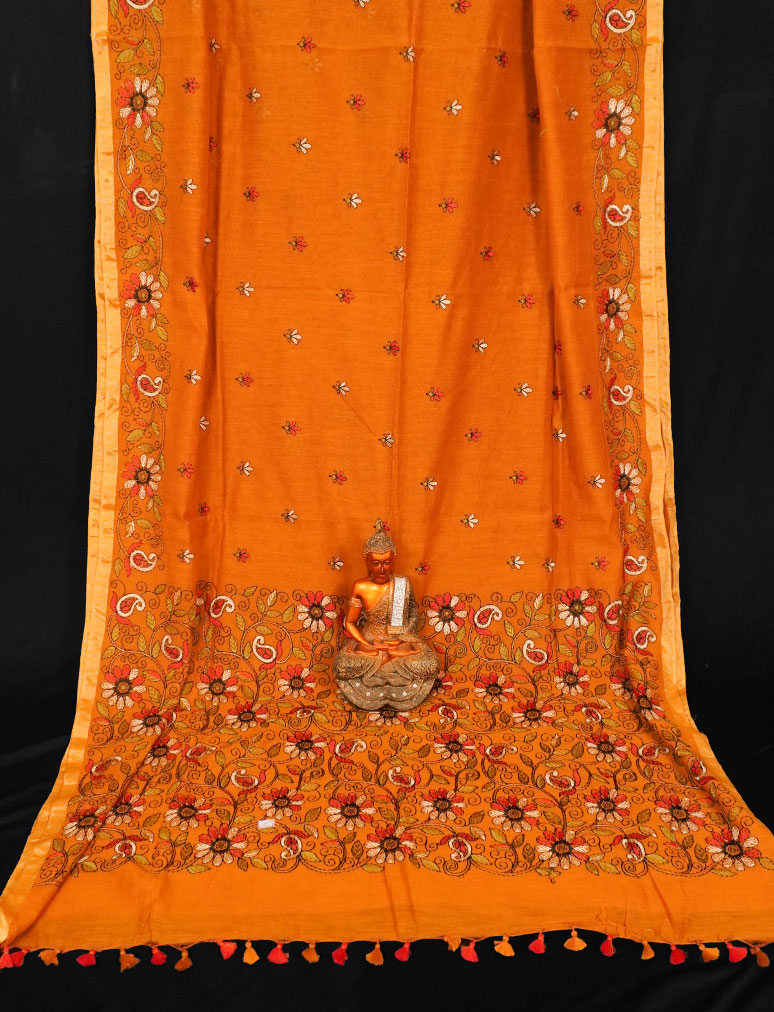 Mustard Yellow Silk Kantha Saree