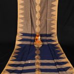 Handwoven Pure Linen  Saree with Temple Border Olive Grey 1