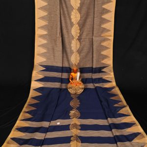 Handwoven Pure Linen Saree with Temple Border Olive Grey