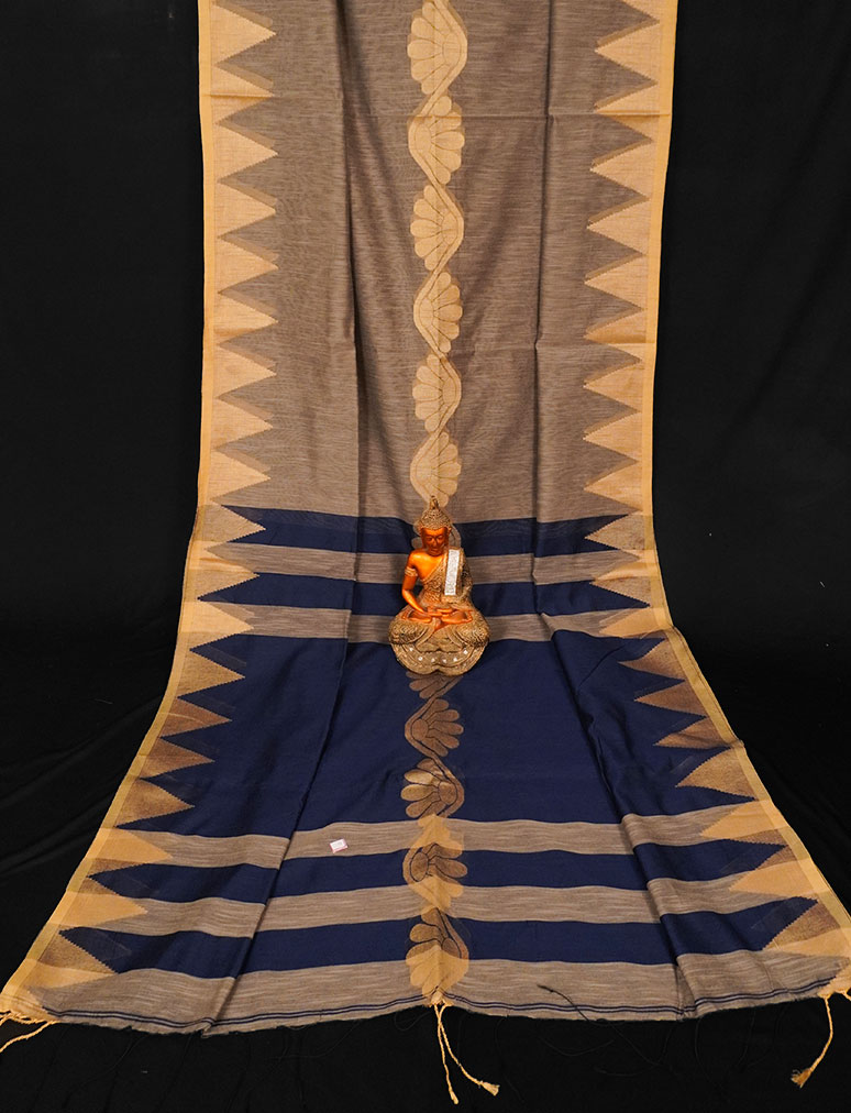 Handwoven Pure Linen  Saree with Temple Border Olive Grey