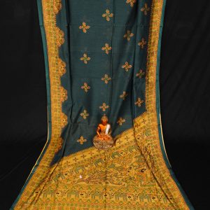 Madhubani Printed Handloom Bottle Green Cotton Saree