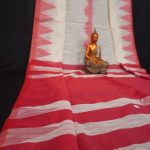 Handwoven Pure Linen White Red Saree with Temple Border 2