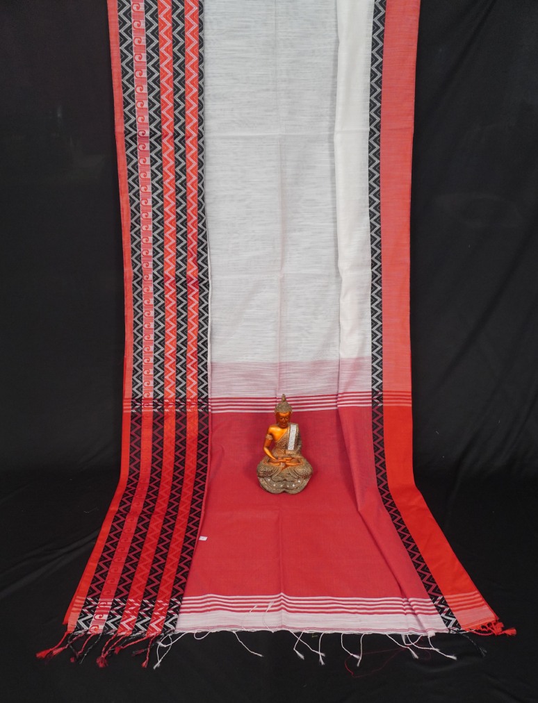 Off White & Red Zig Zag Border Begumpuri Cotton Saree