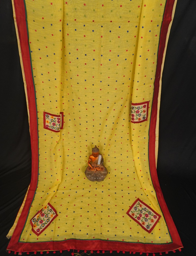 Designer Applique Work Yellow Handloom Saree