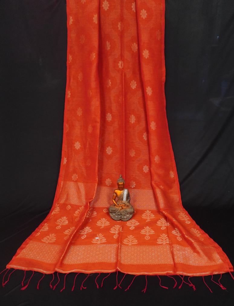 Awesome Orange Handwoven Cotton Linen Floral Jamdani Saree