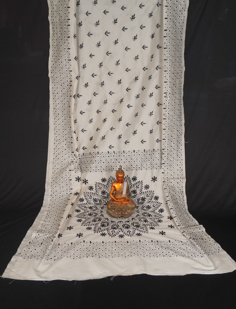 White Kantha Stitch Saree