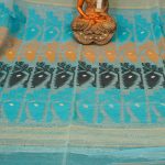 Rich Textured Beige and Blue Dhakai Jamdani Saree 3