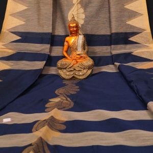 Handwoven Pure Linen  Saree with Temple Border Olive Grey