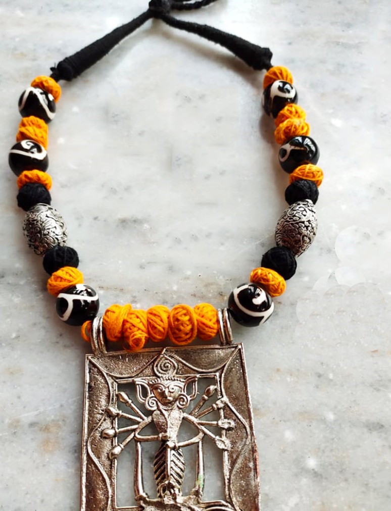 Durga Pendant  Necklace with Cotton Beads
